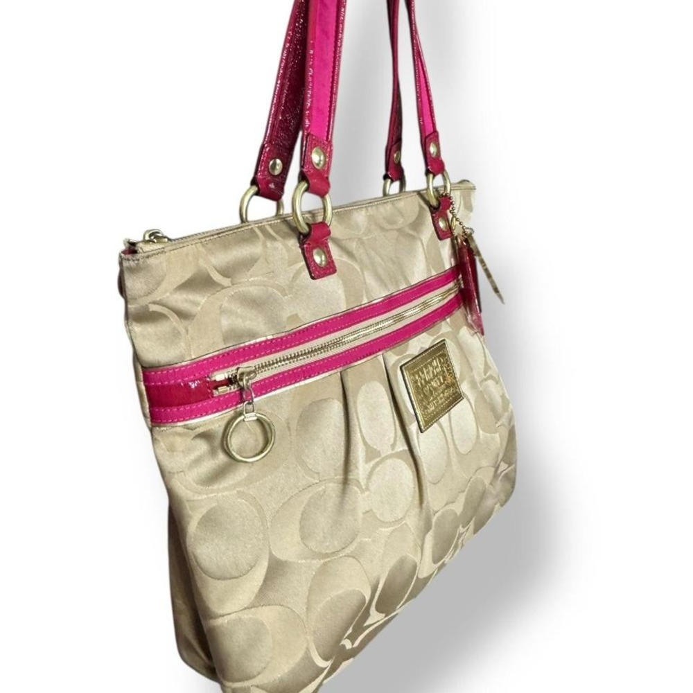 Y2k Coach Poppy Signature Khaki Gold Pink Large Tote‎ Shoulder Bag Glam - Picture 4 of 9